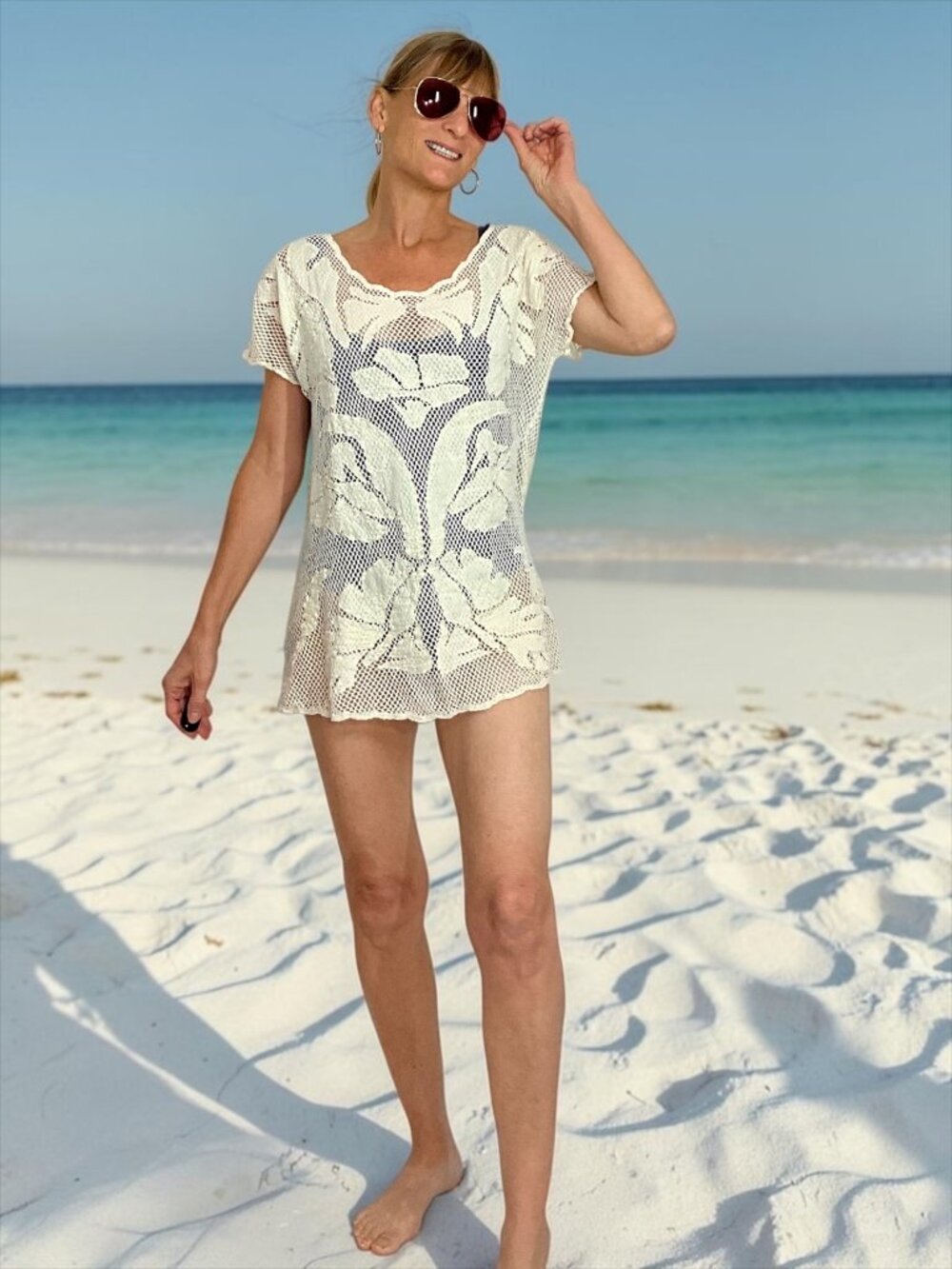 Anthropologie Lilka Mesh Appliqued Tunic Top Swim Coverup S Cream